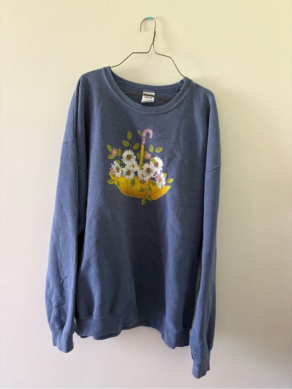 Jerzees Blue Crewneck Sweater with Yellow Umbrella & White Daisy Graphic
